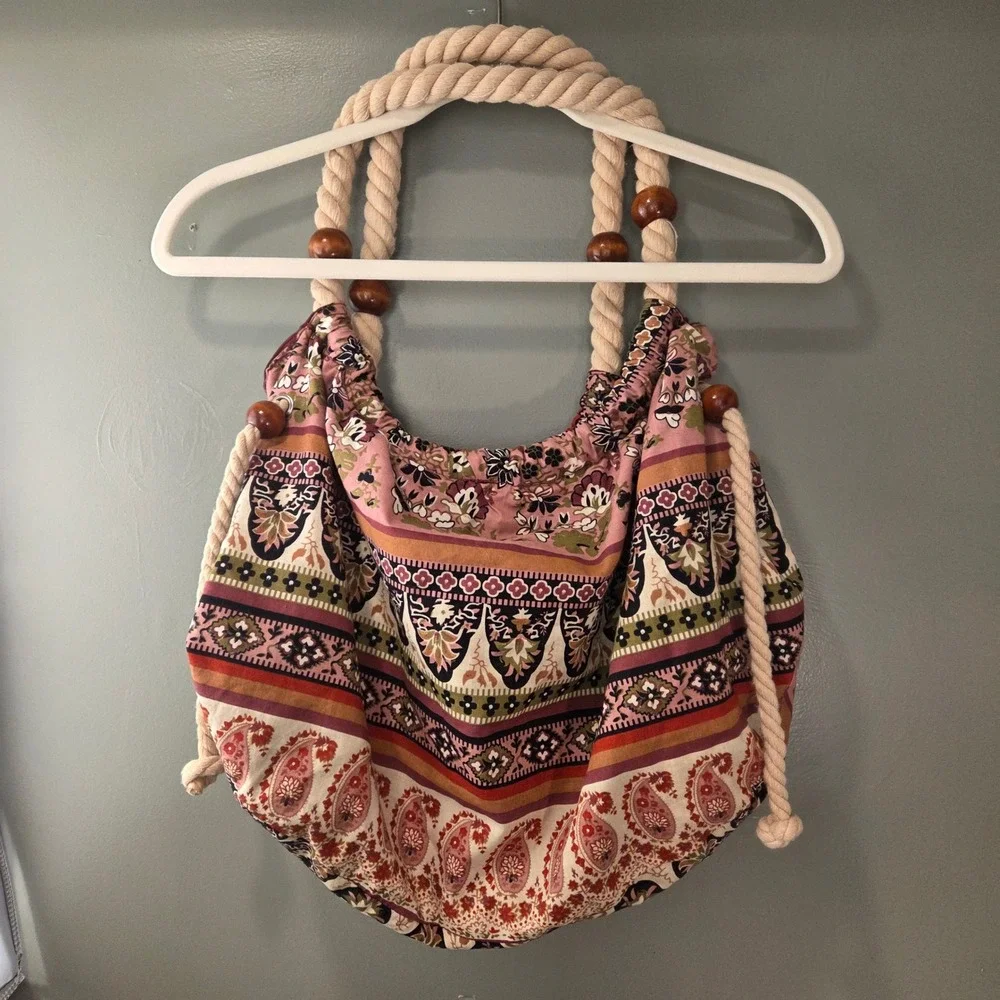 Boho Rope Handle Shoulder Bag Wooden Beads Paisley Floral Print Earthy